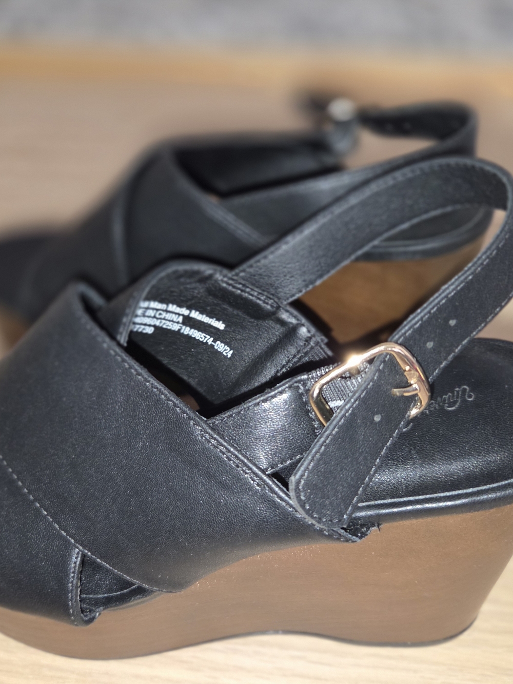 Women's Black Wedge Sandals with Gold Buckle Accent
